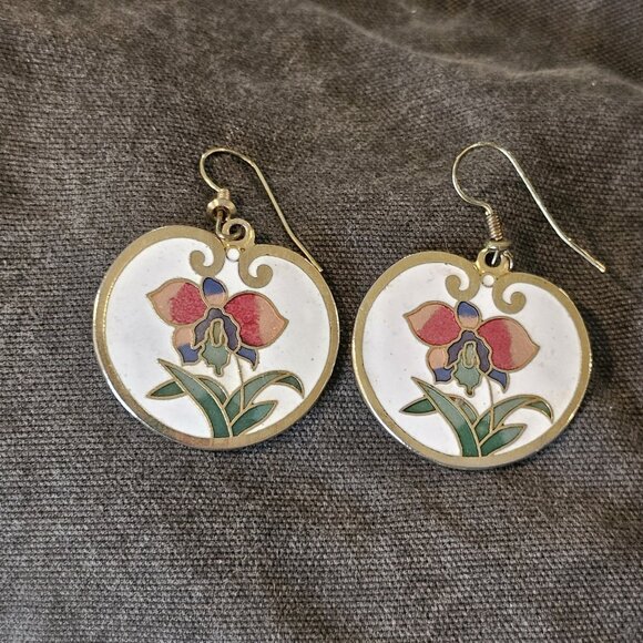 Vintage Jewelry - Retro Cloisonne Floral‎ Dangle Earrings Iris Gold Tone Pierced Enameled Iris
